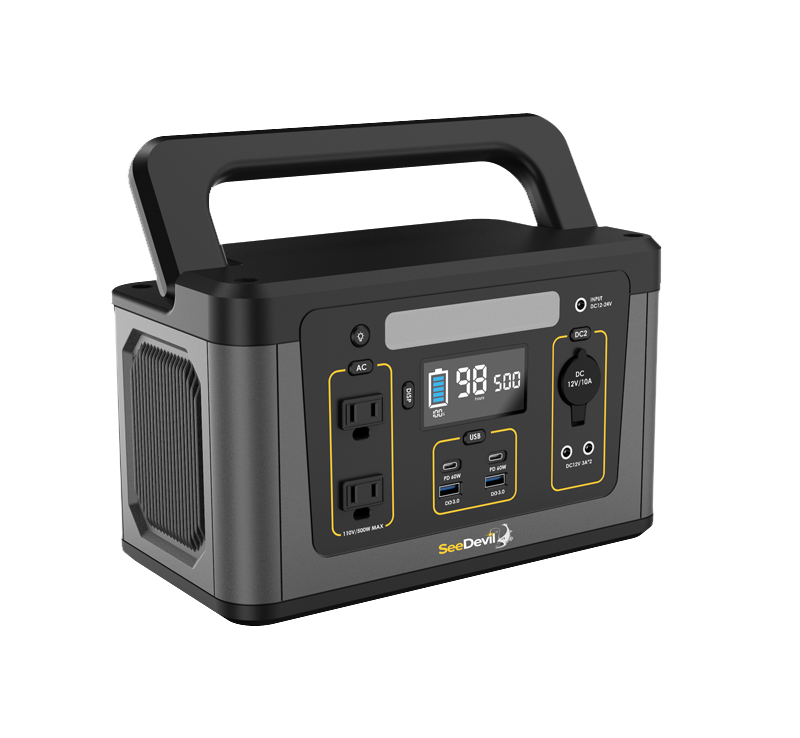 SeeDevil 500W 560Wh Portable Power Station angled right view with handle raised